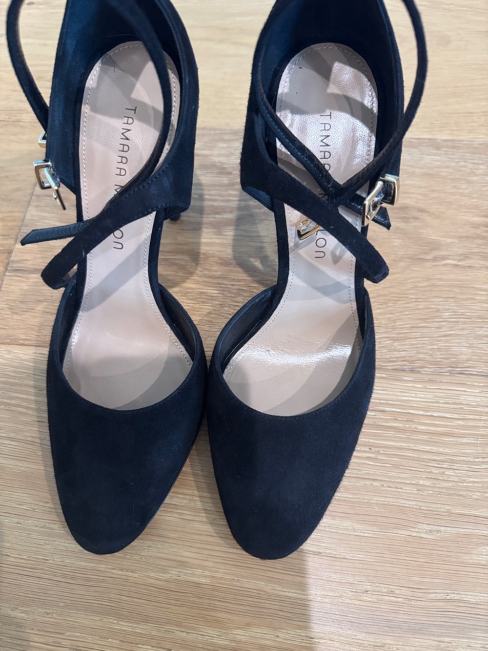 Tamara Mellon Black Suede Pointed Toe Crisscross Ankle Strap Heels